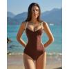 QINSEN Womens Color Block One Piece Bathing Suit V Neck Seamed Cup Swimsuit Lace Up Back Monokini(Brown Ivory)