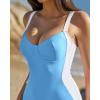QINSEN Womens Color Block One Piece Bathing Suit V Neck Seamed Cup Swimsuit Lace Up Back Monokini(Light Blue White)