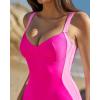 QINSEN Womens Color Block One Piece Bathing Suit V Neck Seamed Cup Swimsuit Lace Up Back Monokini(Magenta Color Block)