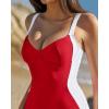 QINSEN Womens Color Block One Piece Bathing Suit V Neck Seamed Cup Swimsuit Lace Up Back Monokini(Red White)