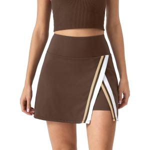 QINSEN Tennis Skirts for Women Side Slit A Line Athletic Skort High Waisted Golf Workout Skirt with Shorts Pockets(Brown)