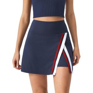 QINSEN Tennis Skirts for Women Side Slit A Line Athletic Skort High Waisted Golf Workout Skirt with Shorts Pockets(Navy)