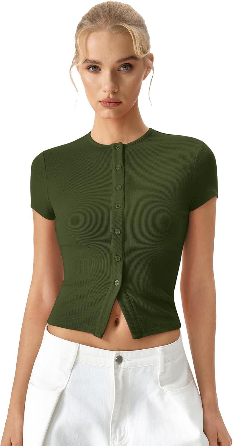 imageQINSEN Womens Crewneck Short Sleeve T Shirts Ribbed Button Going Out Trendy TopsArmy Green