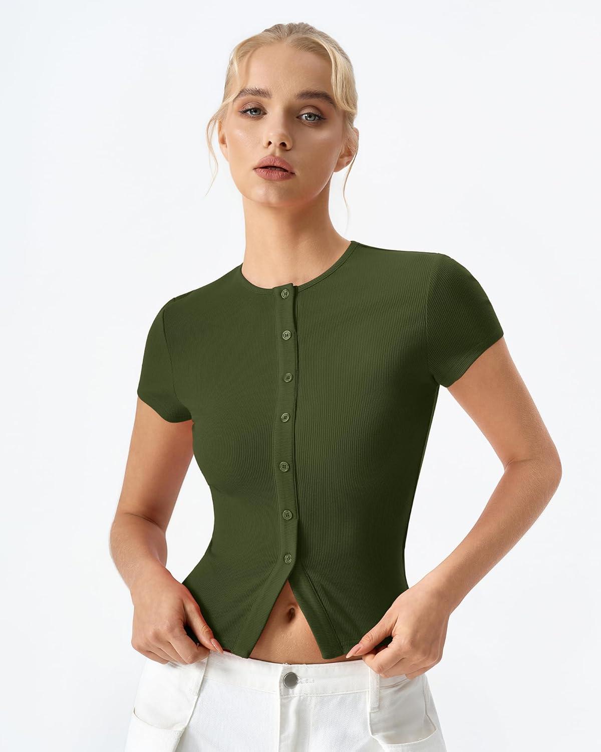 imageQINSEN Womens Crewneck Short Sleeve T Shirts Ribbed Button Going Out Trendy TopsArmy Green