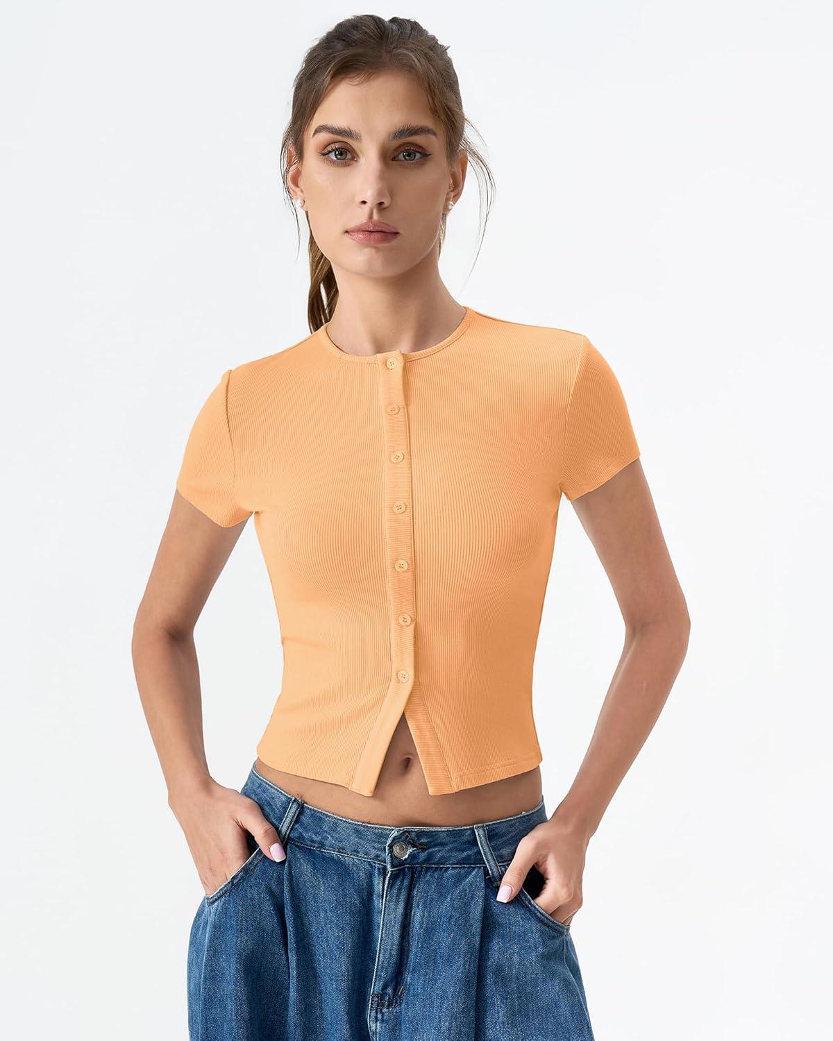 imageQINSEN Womens Crewneck Short Sleeve T Shirts Ribbed Button Going Out Trendy TopsOrange