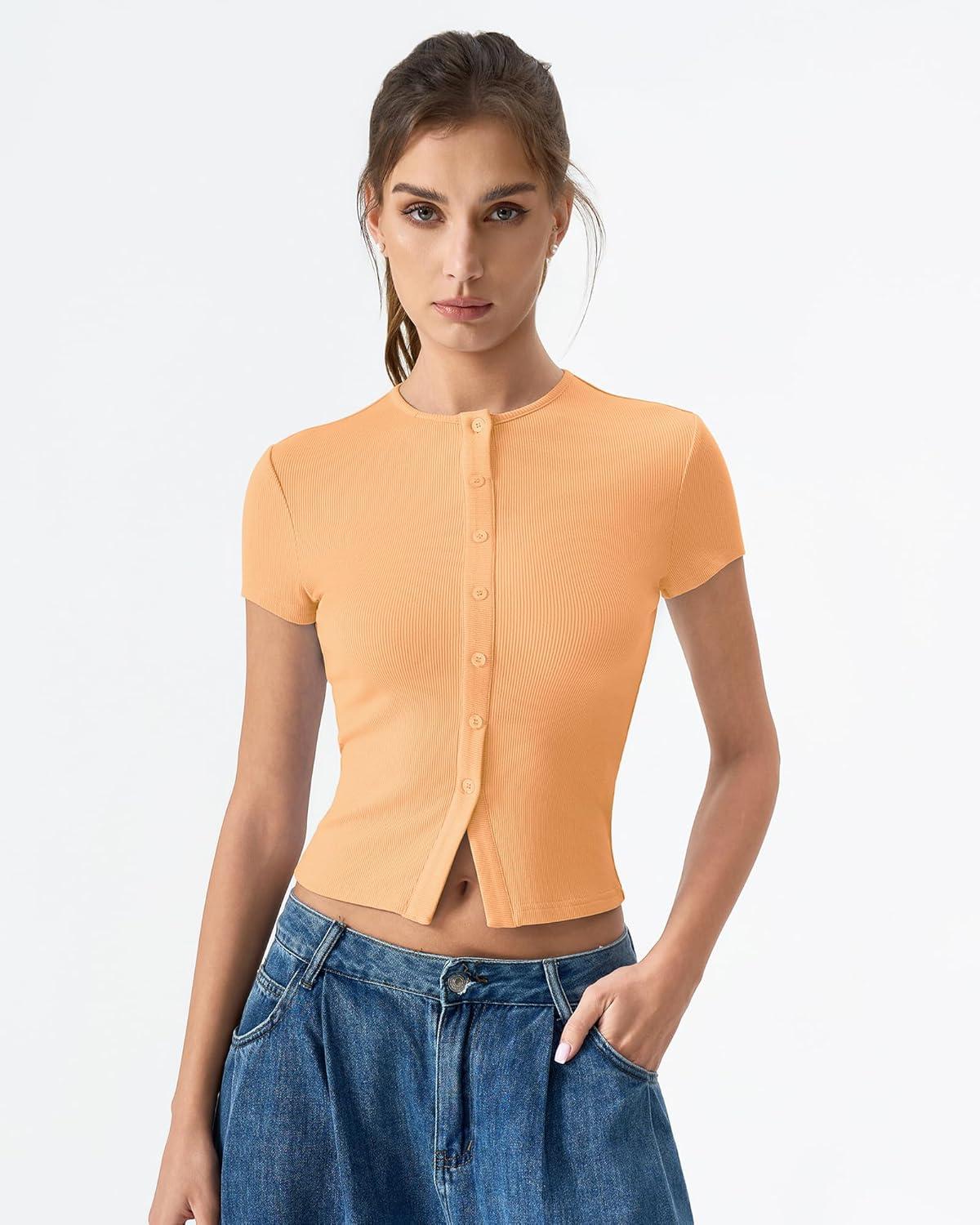 imageQINSEN Womens Crewneck Short Sleeve T Shirts Ribbed Button Going Out Trendy TopsOrange