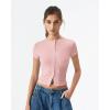 QINSEN Women’s Crewneck Short Sleeve T Shirts Ribbed Button Going Out Trendy Tops(Pink)