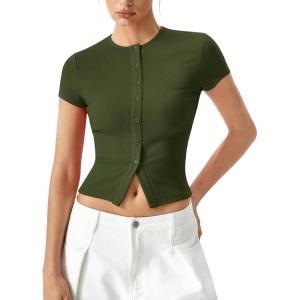 QINSEN Women’s Crewneck Short Sleeve T Shirts Ribbed Button Going Out Trendy Tops(Army Green)