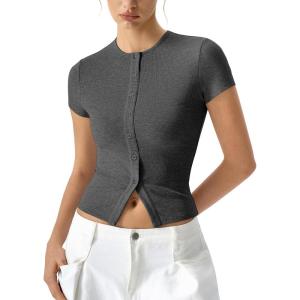 QINSEN Women’s Crewneck Short Sleeve T Shirts Ribbed Button Going Out Trendy Tops(Dark Grey)