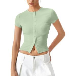 QINSEN Women’s Crewneck Short Sleeve T Shirts Ribbed Button Going Out Trendy Tops(Light Green)
