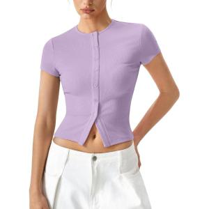 QINSEN Women’s Crewneck Short Sleeve T Shirts Ribbed Button Going Out Trendy Tops(Light Purple)