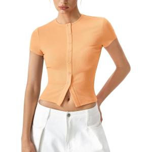QINSEN Women’s Crewneck Short Sleeve T Shirts Ribbed Button Going Out Trendy Tops(Orange)
