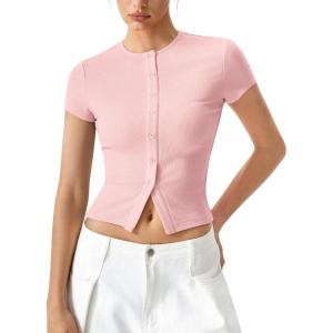 QINSEN Women’s Crewneck Short Sleeve T Shirts Ribbed Button Going Out Trendy Tops(Pink)