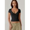 QINSEN Women’s V Neck Short Sleeve T Shirts Double Lined Tee Seamed Cup Going Out Tops(Black)
