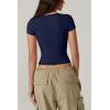 QINSEN Women’s V Neck Short Sleeve T Shirts Double Lined Tee Seamed Cup Going Out Tops(Estate Blue)