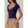 QINSEN Women’s V Neck Short Sleeve T Shirts Double Lined Tee Seamed Cup Going Out Tops(Estate Blue)