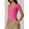 QINSEN Women’s V Neck Short Sleeve T Shirts Double Lined Tee Seamed Cup Going Out Tops(Magenta)
