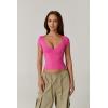 QINSEN Women’s V Neck Short Sleeve T Shirts Double Lined Tee Seamed Cup Going Out Tops(Magenta)