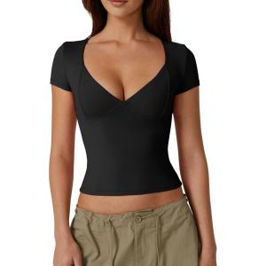 QINSEN Women’s V Neck Short Sleeve T Shirts Double Lined Tee Seamed Cup Going Out Tops(Black)
