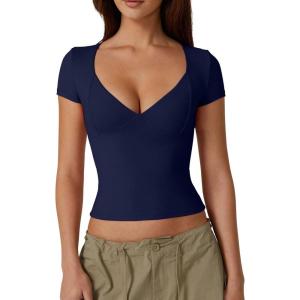QINSEN Women’s V Neck Short Sleeve T Shirts Double Lined Tee Seamed Cup Going Out Tops(Estate Blue)