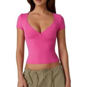 QINSEN Women’s V Neck Short Sleeve T Shirts Double Lined Tee Seamed Cup Going Out Tops(Magenta)