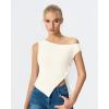 QINSEN Womens Off Shoulder Asymmetrical Tops Diagonal Button-up Closure Split Hem Cropped T Shirts Y2k Tank Top(Beige01)