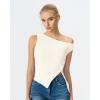 QINSEN Womens Off Shoulder Asymmetrical Tops Diagonal Button-up Closure Split Hem Cropped T Shirts Y2k Tank Top(Beige01)