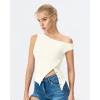 QINSEN Womens Off Shoulder Asymmetrical Tops Diagonal Button-up Closure Split Hem Cropped T Shirts Y2k Tank Top(Beige01)