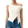 QINSEN Womens Off Shoulder Asymmetrical Tops Diagonal Button-up Closure Split Hem Cropped T Shirts Y2k Tank Top(Beige01)
