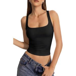 QINSEN Womens Tank Tops with Built in Bras Square Neck Double Lined Basic Sleeveless Workout Tops(Black)