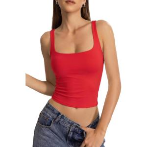 QINSEN Womens Tank Tops with Built in Bras Square Neck Double Lined Basic Sleeveless Workout Tops(Red)