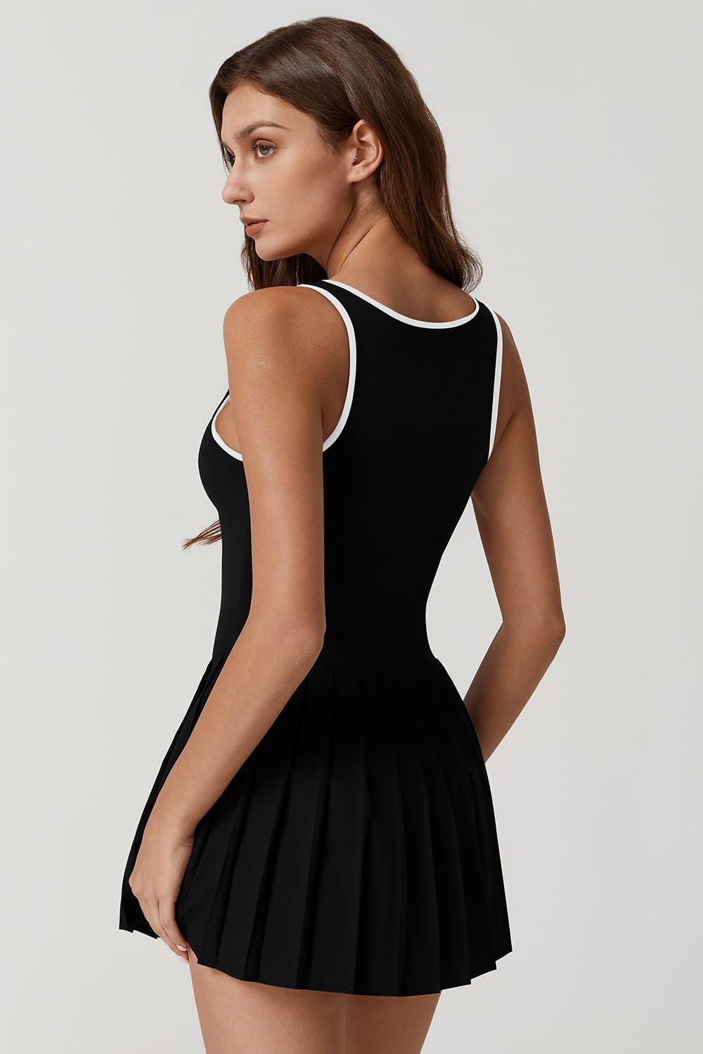 imageQINSEN Womens Square Neck Tennis Dress Pleated Sleeveless Built in Shorts Golf Athletic Dress with PocketsBlackwhite