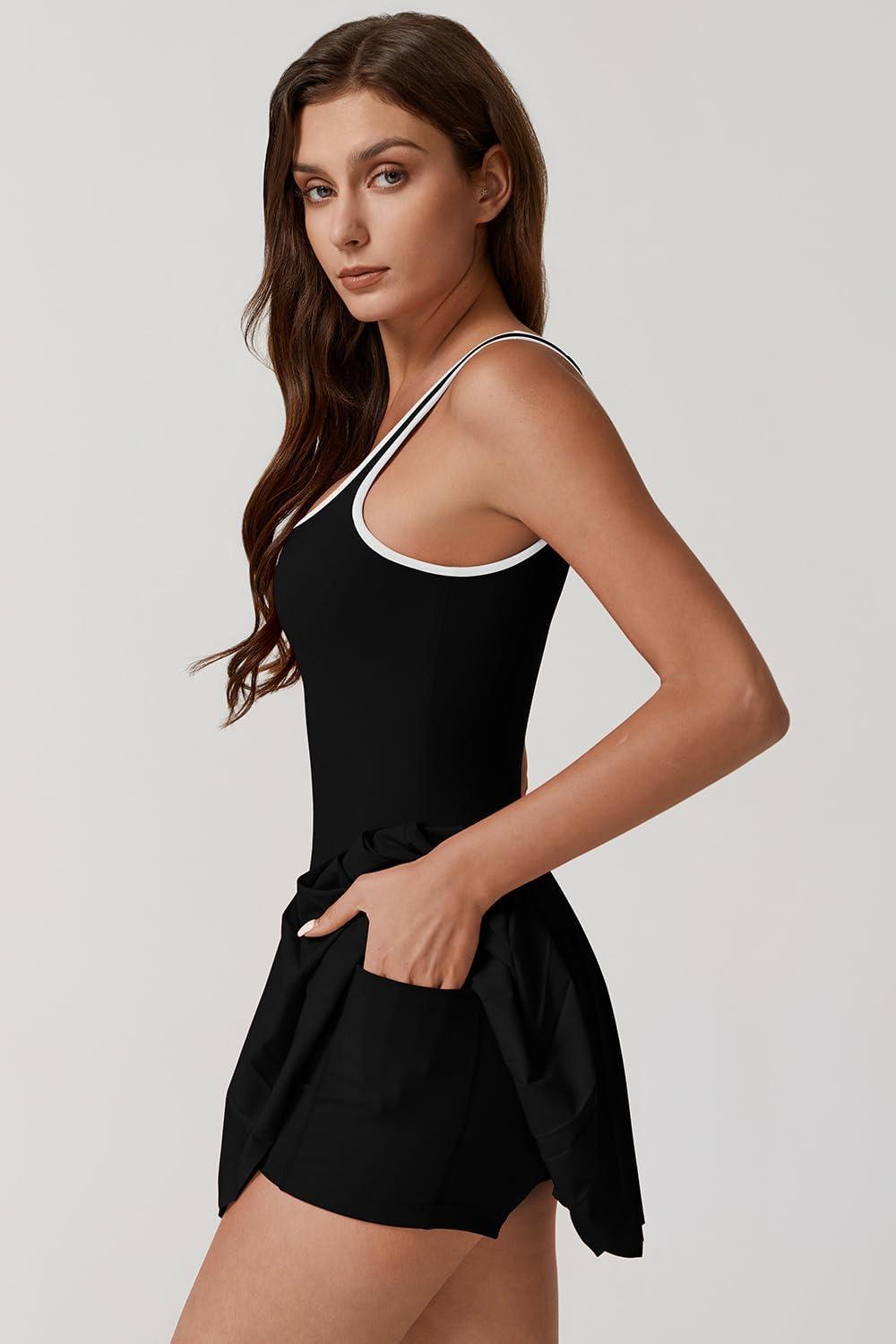 imageQINSEN Womens Square Neck Tennis Dress Pleated Sleeveless Built in Shorts Golf Athletic Dress with PocketsBlackwhite