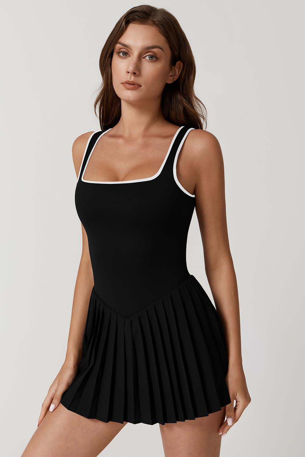 imageQINSEN Womens Square Neck Tennis Dress Pleated Sleeveless Built in Shorts Golf Athletic Dress with PocketsBlackwhite