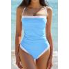 QINSEN Women’s One Piece Swimsuit Color Block Tummy Control Bathing Suit Vintage Square Neck Spaghetti Straps Swimwear(Airy Blue)