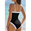 QINSEN Women’s One Piece Swimsuit Color Block Tummy Control Bathing Suit Vintage Square Neck Spaghetti Straps Swimwear(Black)