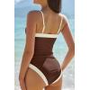 QINSEN Women’s One Piece Swimsuit Color Block Tummy Control Bathing Suit Vintage Square Neck Spaghetti Straps Swimwear(Chestnut)