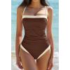 QINSEN Women’s One Piece Swimsuit Color Block Tummy Control Bathing Suit Vintage Square Neck Spaghetti Straps Swimwear(Chestnut)