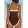 QINSEN Women’s One Piece Swimsuit Color Block Tummy Control Bathing Suit Vintage Square Neck Spaghetti Straps Swimwear(Chestnut)