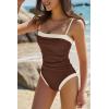 QINSEN Women’s One Piece Swimsuit Color Block Tummy Control Bathing Suit Vintage Square Neck Spaghetti Straps Swimwear(Chestnut)