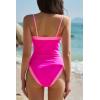 QINSEN Women’s One Piece Swimsuit Color Block Tummy Control Bathing Suit Vintage Square Neck Spaghetti Straps Swimwear(Hot Pink)