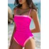QINSEN Women’s One Piece Swimsuit Color Block Tummy Control Bathing Suit Vintage Square Neck Spaghetti Straps Swimwear(Hot Pink)