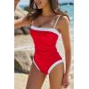 QINSEN Women’s One Piece Swimsuit Color Block Tummy Control Bathing Suit Vintage Square Neck Spaghetti Straps Swimwear(Red)