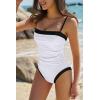 QINSEN Women’s One Piece Swimsuit Color Block Tummy Control Bathing Suit Vintage Square Neck Spaghetti Straps Swimwear(White)