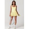 QINSEN Womens Square Neck Tennis Dress Pleated Sleeveless Built in Shorts Golf Athletic Dress with Pockets(Baby Yellow)