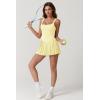 QINSEN Womens Square Neck Tennis Dress Pleated Sleeveless Built in Shorts Golf Athletic Dress with Pockets(Baby Yellow)
