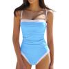 QINSEN Women’s One Piece Swimsuit Color Block Tummy Control Bathing Suit Vintage Square Neck Spaghetti Straps Swimwear(Airy Blue)