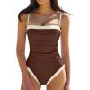 QINSEN Women’s One Piece Swimsuit Color Block Tummy Control Bathing Suit Vintage Square Neck Spaghetti Straps Swimwear(Chestnut)