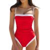 QINSEN Women’s One Piece Swimsuit Color Block Tummy Control Bathing Suit Vintage Square Neck Spaghetti Straps Swimwear(Red)
