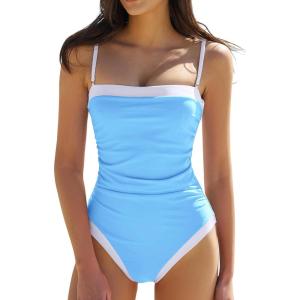 QINSEN Women’s One Piece Swimsuit Color Block Tummy Control Bathing Suit Vintage Square Neck Spaghetti Straps Swimwear(Airy Blue)